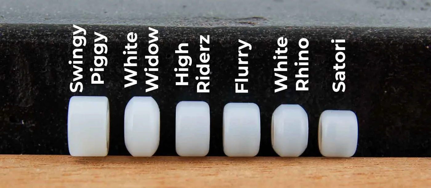 Six white Sunpower wheels standing in a row on a ledge, seen from the side and labelled Swingy Piggy, White Widow, High Riderz, Flurry, White Rhino and Satori. White Widow and White Rhino have sloped edges; the others are flatter with rounded corners. Satori is the smallest.